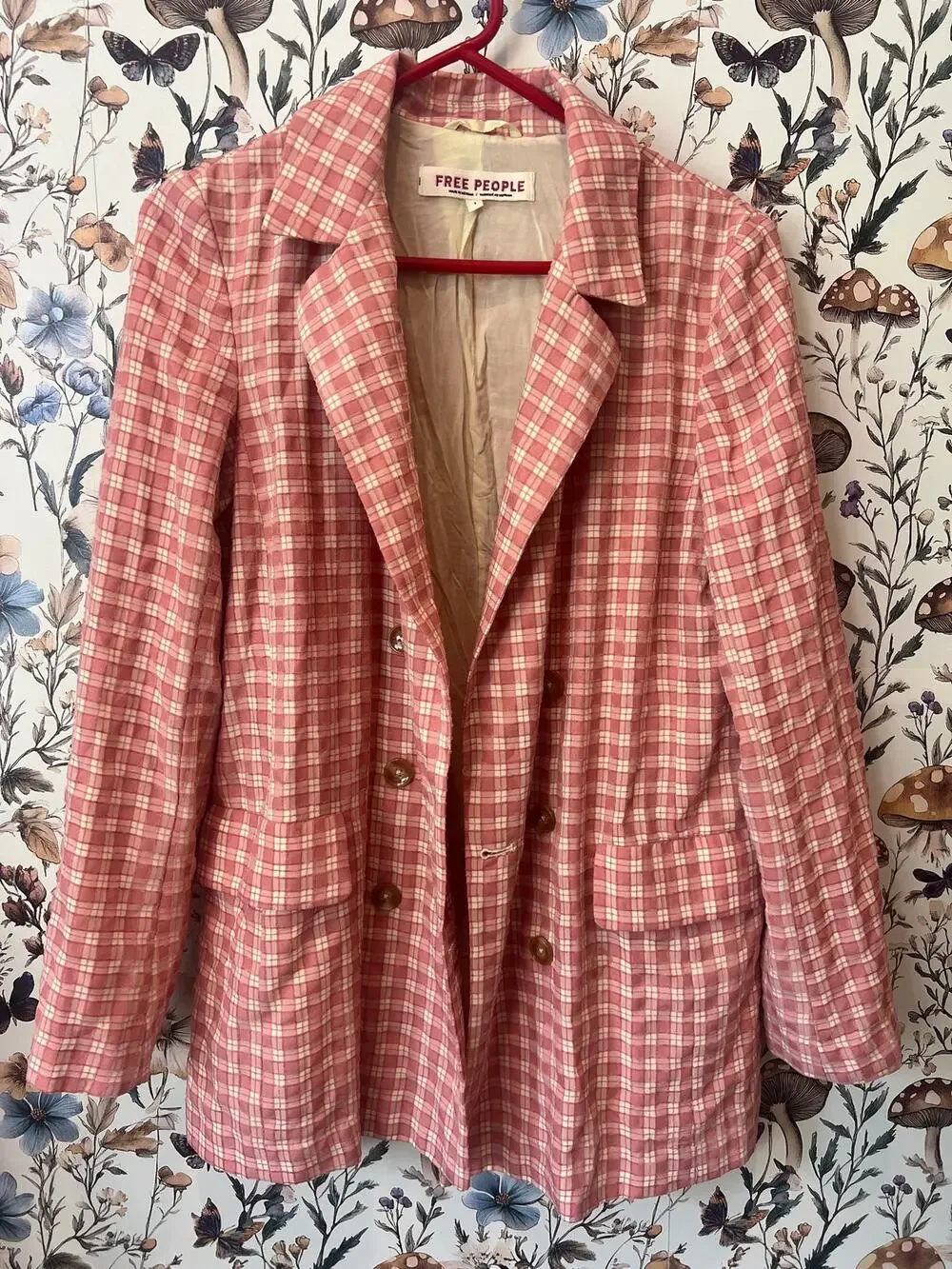 Free People Pink Plaid Blazer Jacket Women’s Small Lined Tailored Button Front